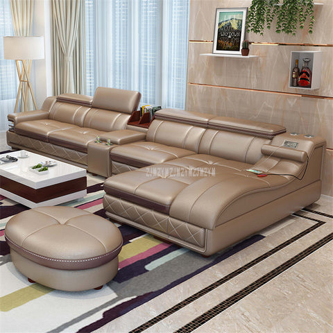 4 Seat Leather Living Room Sofa Set With Massage Function Rotating Chair Home Furniture Modern Frame Soft Sponge L Shape